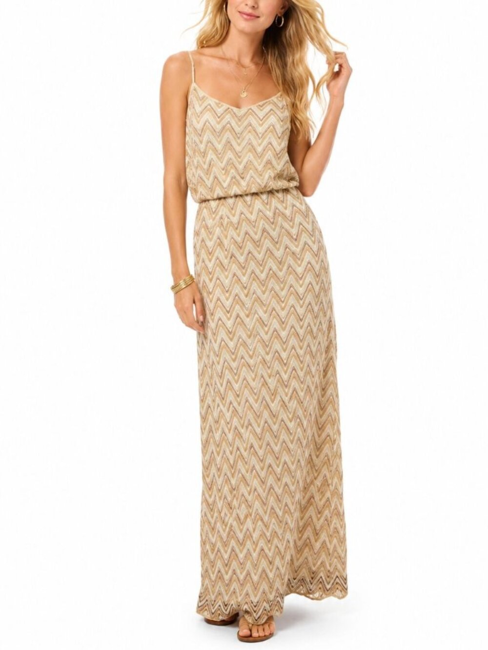 Lilly Pulitzer Deanna Dress Metallic Gold Chevron Crochet Knit Maxi